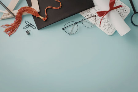 A graduation cap, diploma, glasses, and other stationery items on a light blue surface