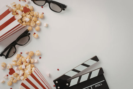 A flat lay of movie night essentials including popcorn boxes, glasses, and a clapperboard.