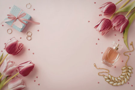a pink background with pink tulips, a gift box, perfume, jewelry, and confettiの写真素材