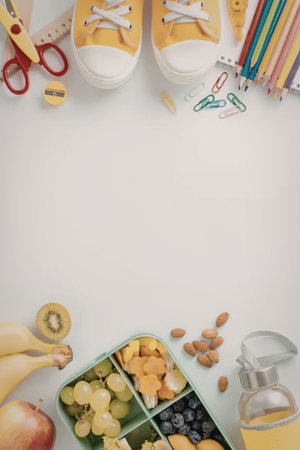 A school lunch setup with shoes, lunchbox, fruits, nuts, and school supplies on a white background.