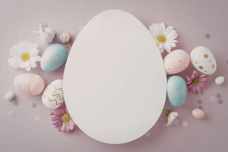 An arrangement of pastel-colored Easter eggs and flowers on a purple background with a large white egg in the center.の写真素材