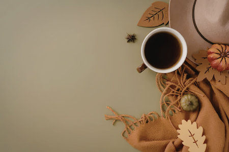 A warm and cozy autumn scene featuring a cup of tea, surrounded by fall leaves, pumpkins, and a soft...