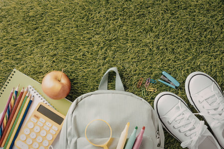A collection of school supplies including a backpack, calculator, pencils, pens, notebook, apple,...