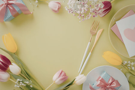 A beautifully arranged table setting with tulips, gifts, and utensils on a green background.