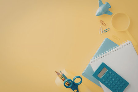 A collection of colorful stationery items, including a calculator, notebook, scissors, and pencils,...