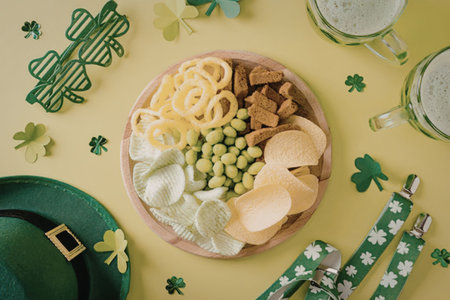 A festive St. Patrick's Day snack platter with a variety of green and tasty treats, including chips,...