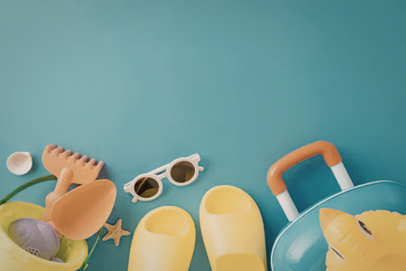A collection of summer vacation beach essentials including a bucket, shovel, sunglasses, clogs, and a suitcase with a piggy bank.の写真素材