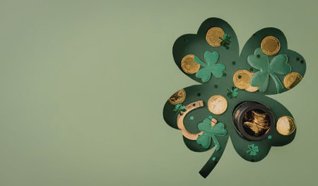 A decorative shamrock with gold coins and a pot of gold on a green background, symbolizing good luck...