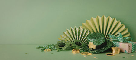 A green fan and other St. Patrick's Day decorations on a green background