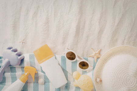 A collection of summer beach vacation essentials, including sunscreen, sunglasses, and a hat,...