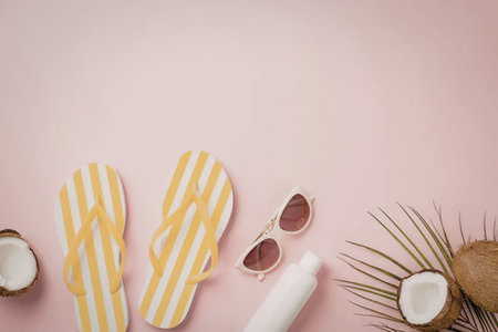 A flat lay of summer vacation essentials including yellow flip flops, sunglasses, sunscreen, and...