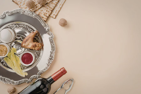 A traditional Jewish Passover Seder plate with wine, matzah, and symbolic foods on a decorative...