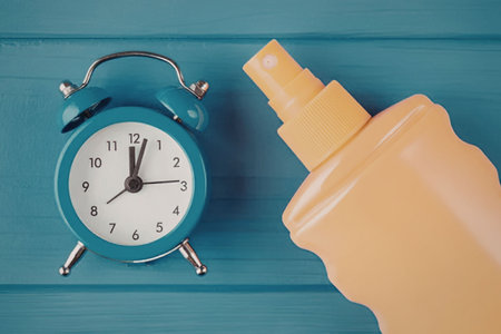 An image of a blue alarm clock and an orange sunscreen bottle on a blue wooden surface
