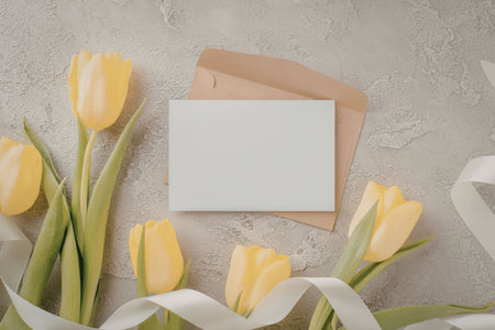 A bouquet of yellow tulips with green stems and leaves, accompanied by a blank white card and a...