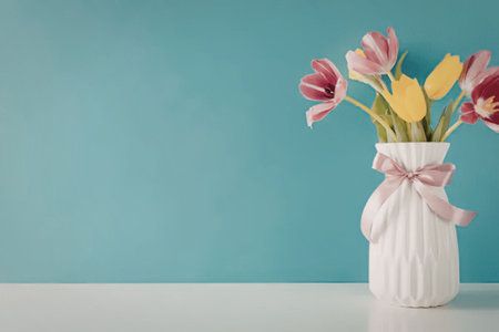A white vase with a pink bow containing yellow and pink tulips on a white table against a blue...