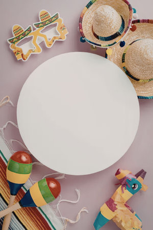 Colorful arrangement of party items including sombreros, maracas, a piÃ±ata, and serape on a pink background with a blank white circleの写真素材