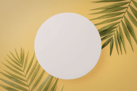 A bright yellow background featuring a white circle and green palm leaves