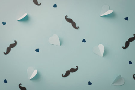 A light blue background with scattered black mustaches, white feathers, and blue hearts.