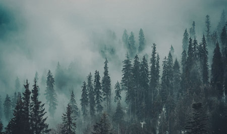 a dense forest of evergreen trees shrouded in thick fog and mist. the tall, dark green trees are densely packed together, with their branches stretching up towards the sky. the fog and mist create a mysterious and eerie atmosphere, obscuring the details of the forest floor and giving the impression of a remote and isolated location.
