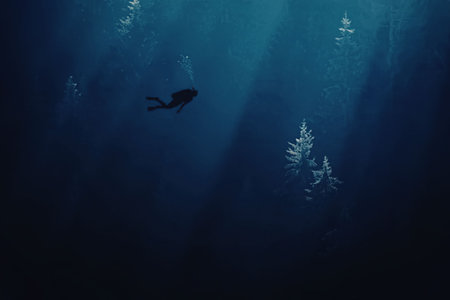 a scuba diver explores an underwater forest with tall trees and beams of sunlight shining through the water
