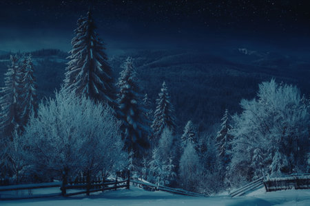 a snowy forest with trees covered in frost and snow, a wooden fence in the foreground, and a mountain range in the background under a dark blue night sky with stars