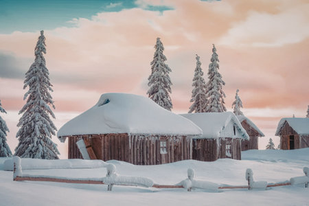 a snow covered cabin with a wooden fence in front of it and several snow covered trees behind it. there is another cabin on the right side of the image. the sky is blue, pink, and orange.
