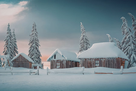 a snowy village with wooden houses and trees covered in snow, with a beautiful sunset in the background