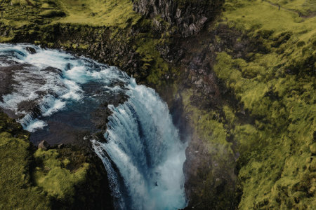 An aerial view of a stunning waterfall surrounded by vibrant green moss and rocks, with a river flowing through the landscape.