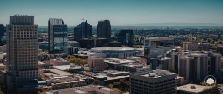 A panoramic view of a cityscape featuring modern buildings and skyscrapers under a clear blue sky.