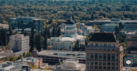 An aerial view of a city with various buildings and a prominent government building in the center.