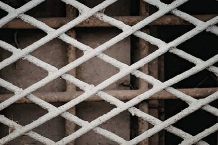 A close-up view of a metal grate featuring a diamond-shaped pattern, with a predominantly white and gray color scheme. The grate appears to be made of metal and has a textured surface.