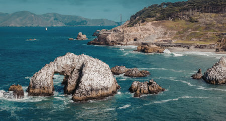 A scenic view of seagulls nesting on rocky outcrops in the sea, with a cliffside and bridge in the background.