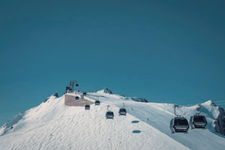 A ski lift on a snowy mountain with a clear blue sky in the background.