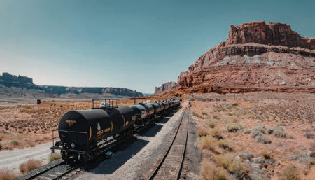 A train travels along a track through a desert landscape with a large red rock formation in the background.