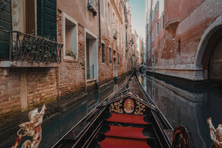 A traditional Venetian gondola with red interior is seen navigating through a narrow canal surrounded by historic brick buildings in Venice, Italy.