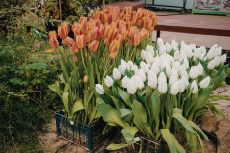 Vibrant tulips in orange and white hues displayed in a garden setting