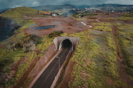 An aerial view of a road tunnel in a rural landscape with green hills and mountains in the background.