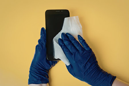 A person wearing blue gloves cleaning a smartphone with a white cloth on a yellow background.
