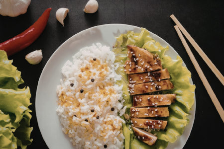 A plate of food with rice and chicken on a bed of lettuce, served with chopsticks and surrounded by ingredients.