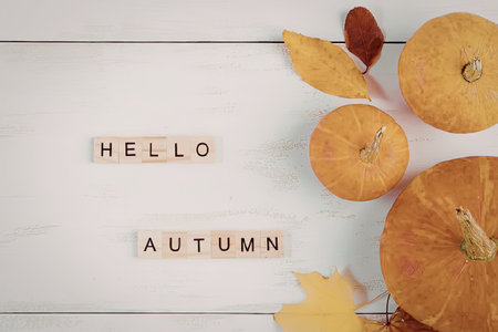 The image features a warm and inviting autumnal scene with pumpkins and leaves on a white wooden background. The words 'HELLO AUTUMN' are spelled out in wooden letters.