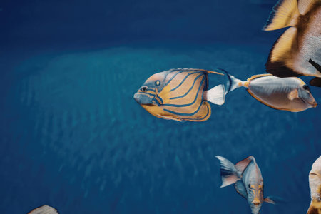 A group of colorful fish swimming in the ocean water, showcasing their vibrant scales and fins.