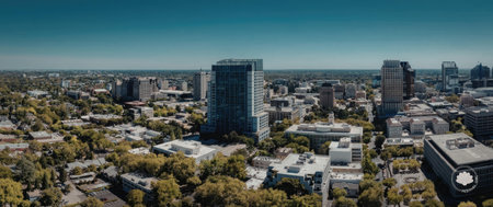 An aerial view of a city with tall buildings, trees, and a clear blue sky.