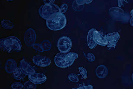 This image features a group of jellyfish swimming in the ocean. The jellyfish are translucent and have a blue hue due to the lighting. They are scattered throughout the image, with some overlapping each other. The background is dark blue, representing the depth of the ocean.