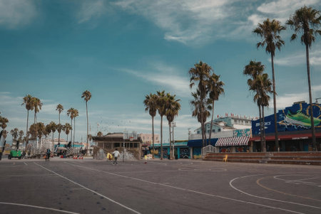 A scenic view of a palm tree lined street with a blue sky and white clouds, featuring a large building with a colorful mural on the right side.