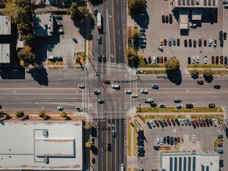 An aerial view of a busy intersection with multiple roads, cars, and buildings