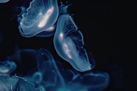 A mesmerizing underwater scene featuring multiple jellyfish with a striking blue bioluminescent glow, set against a dark background.