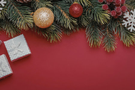 A festive Christmas decoration arrangement on a red background featuring pine branches, ornaments, and gift boxes.