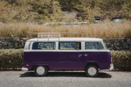 A purple van with white trim is parked on a gravel road in front of a stone wall and greenery.