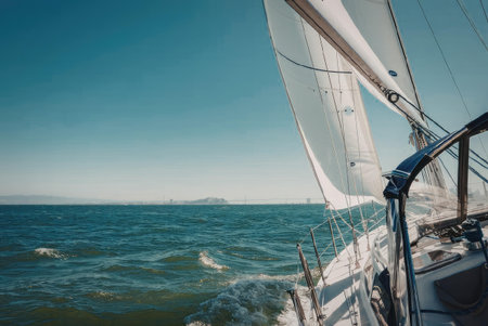 A sailboat glides smoothly across the calm sea with its white sail fully extended and a clear blue sky in the background.
