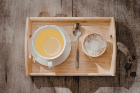 a cup of tea with a slice of lemon and sugar cubes on a wooden tray
